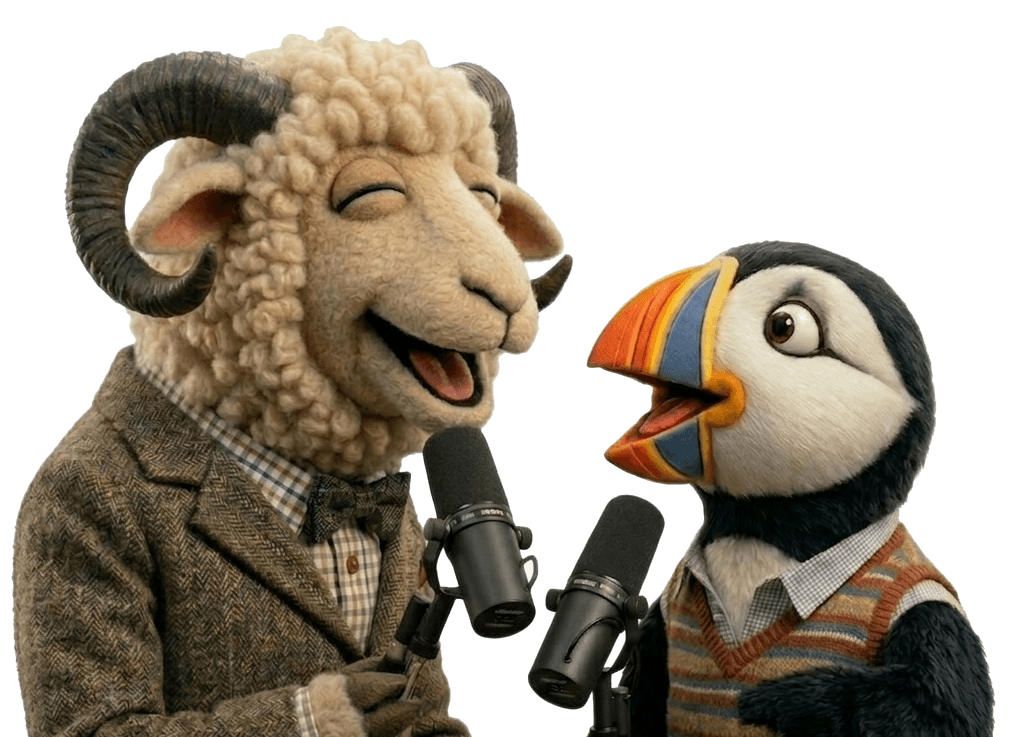 Vitlíki mascots — a ram and a puffin at the mic